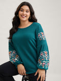 Waffle Knit Floral Embroidered Lantern Sleeve T-shirt
